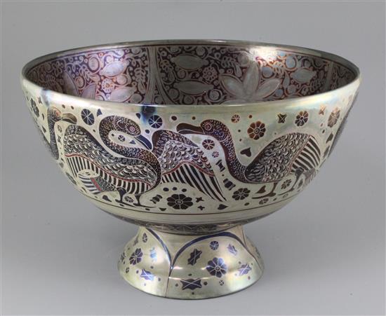 Ulisse Cantagalli (1839-1901). A large silver and ruby lustre pedestal bowl, late 19th century, diameter 41cm, height 27cm, some restor